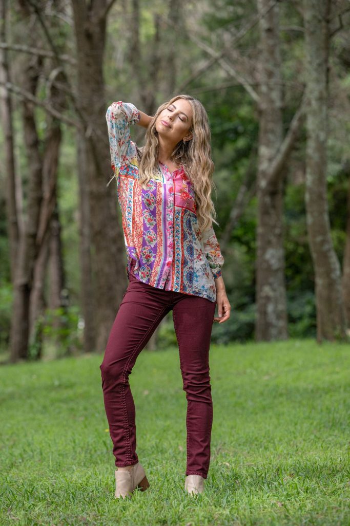 Floral silk viscose shirt with colored jeans bohemian style