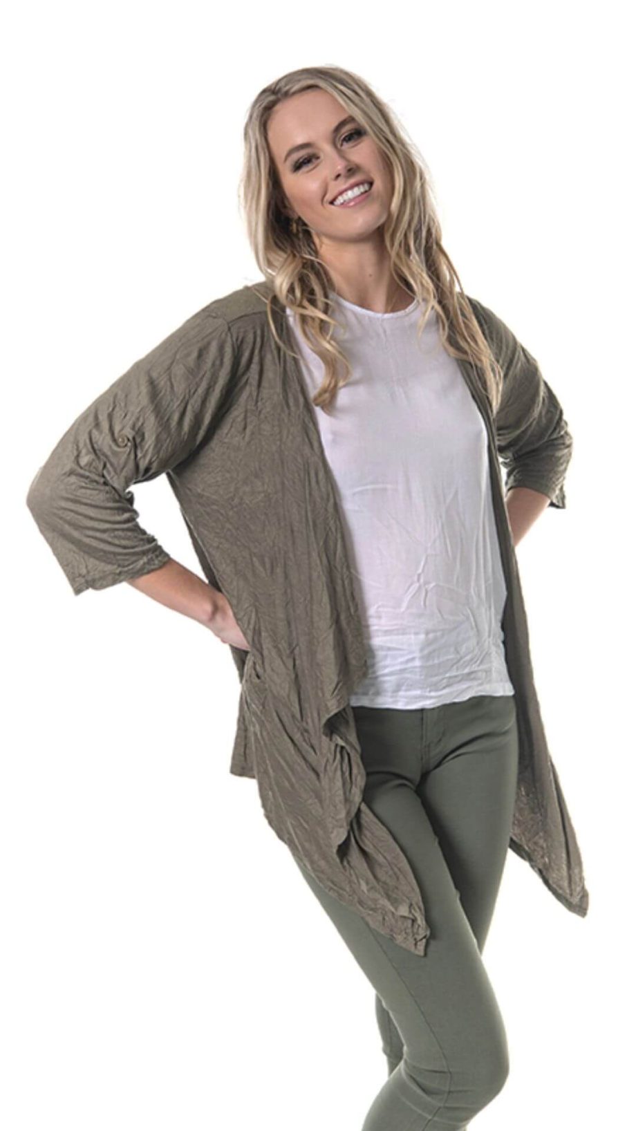 Women's clothing cotton cardigan paired with white shirt and jeggings