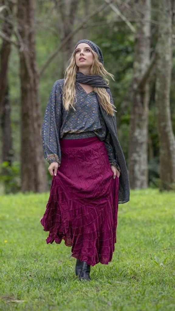 Charcoal mohair scarf with beanie and bohemian top and maxi skirt