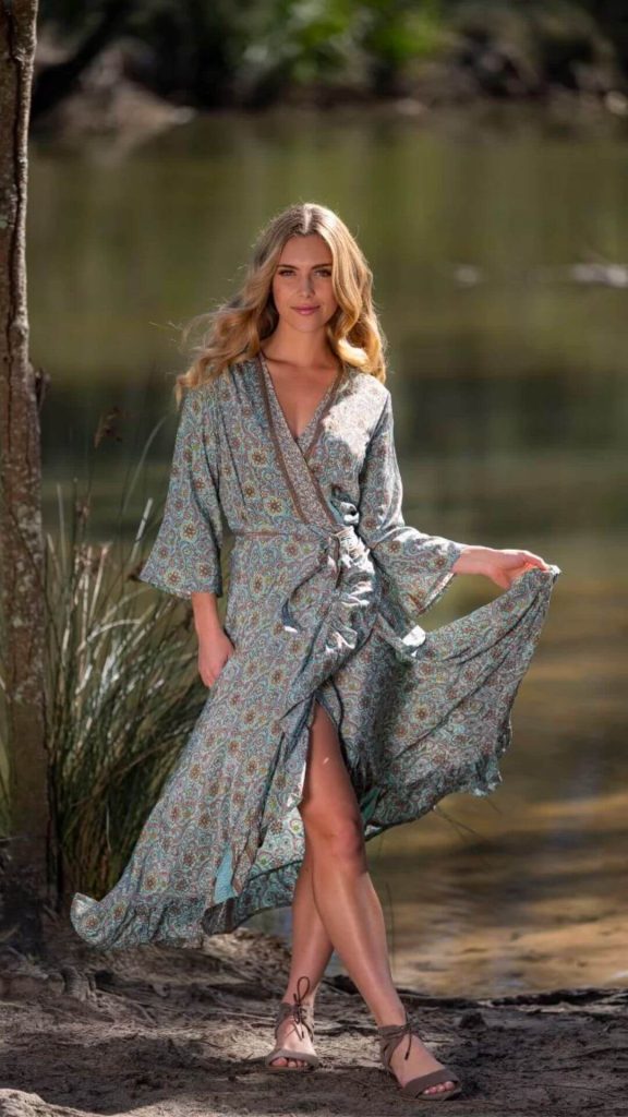 Bohemian style long sleeve maxi wrap dress