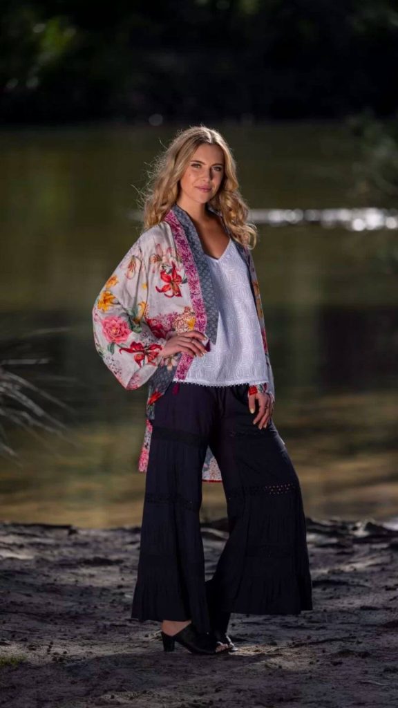 Printed kimono with white top and flowy pants