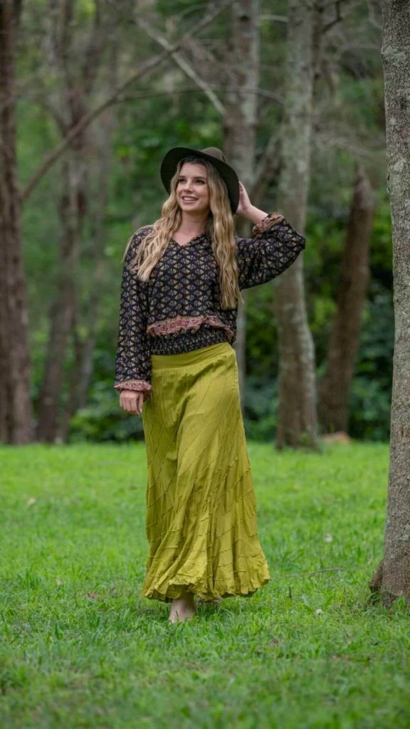 Loose top and bright moss maxi skirt gypsy style at Gidgets Mona Vale
