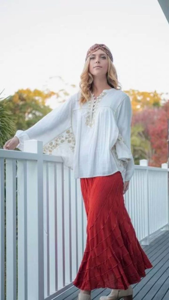 Flowy blouse and rust maxi skirt at Gidgets Mona Vale