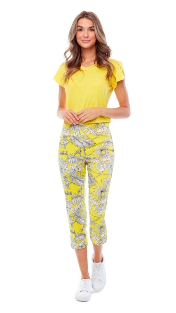 Yellow canary pants with yellow top and white sneakers
