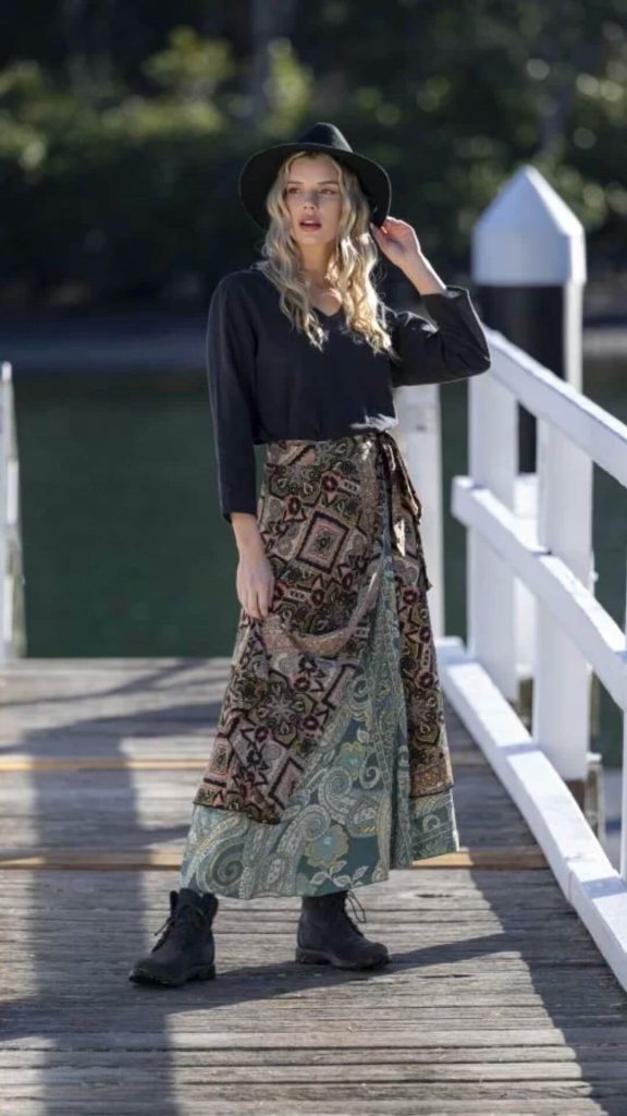 Boho style wrap skirt with top and fedora hat