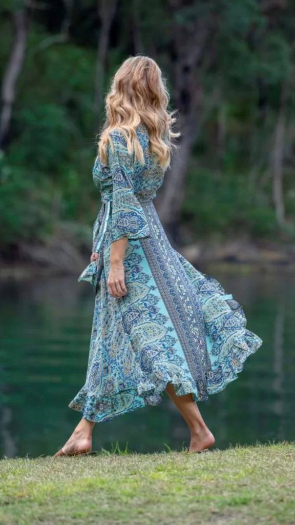 Blue wrap bohemian style maxi dress